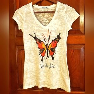 Butterfly Love this Life heathered v neck T shirt small